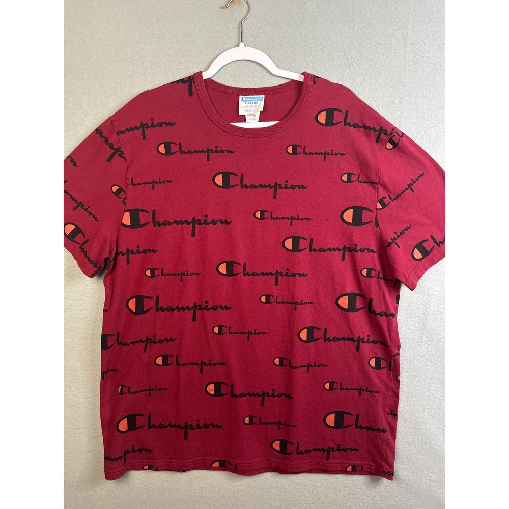 Champion Mens‎ XL Maroon All Over Print Script Logo Short Sleeve T-Shirt Cotton